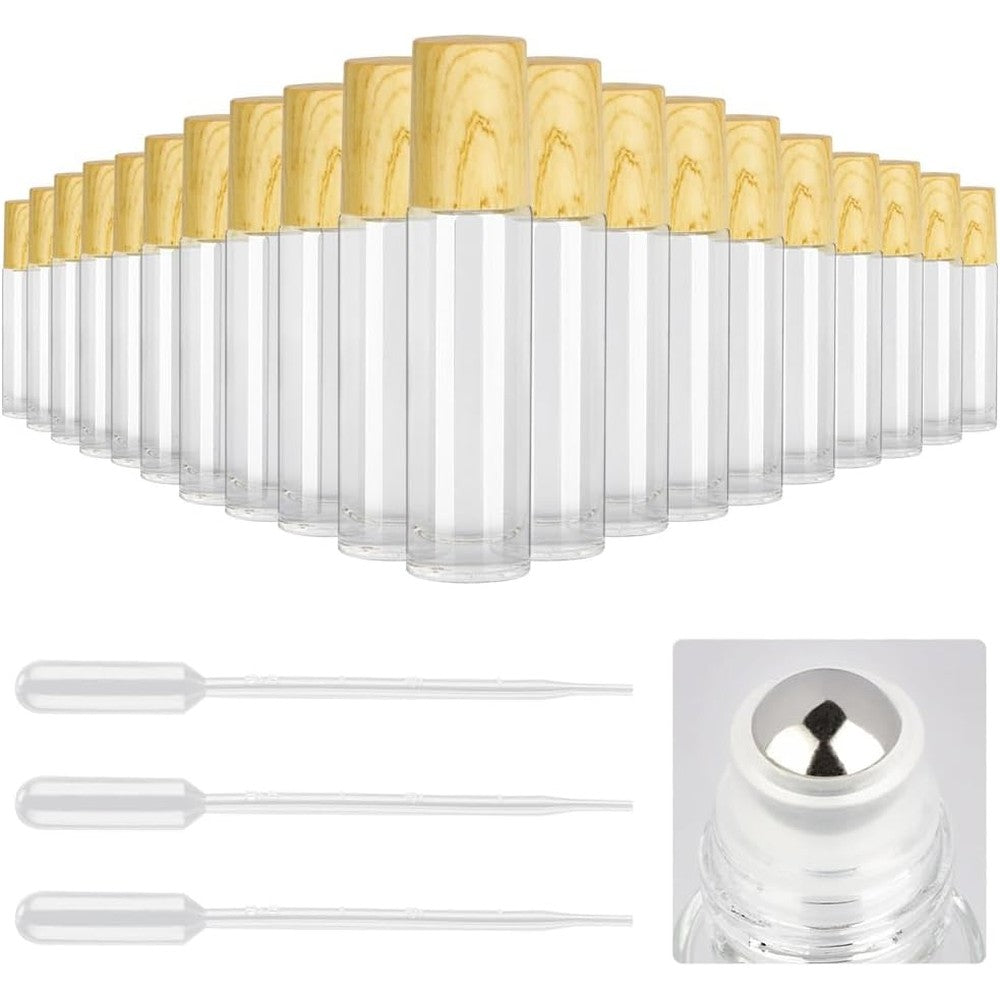 Tomorotec 20-Pack 10mL Clear Glass Essential Oil Roller Bottles front view showing wood grain caps and clear glass design.