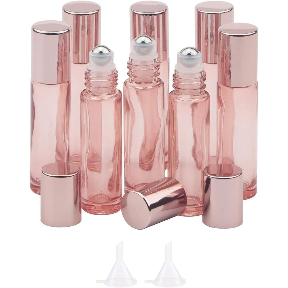 Newzoll 8 pack pink glass roller bottles with rose gold caps