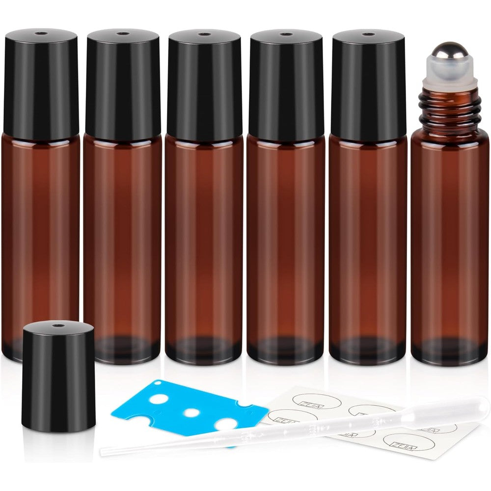 ZEJIA amber glass roller bottles 6 pack with stainless steel balls and labels