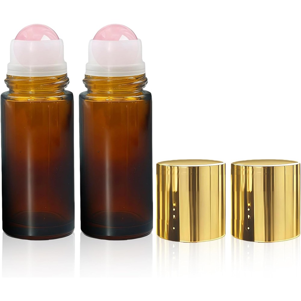 Warmify 2 pack 50ml amber glass roller bottles with rose quartz gemstone balls & containers for oils