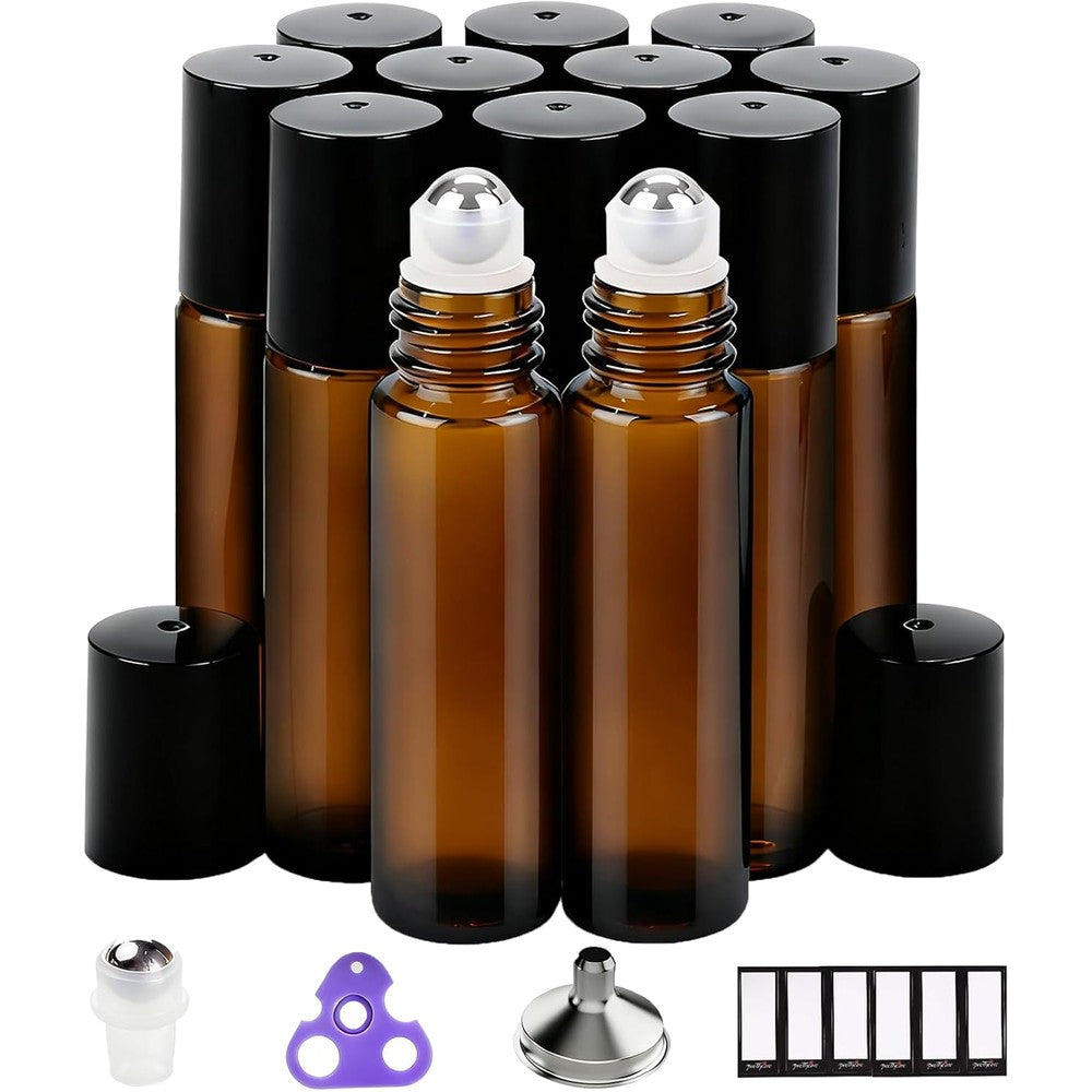 PrettyCare 12 pack 10ml amber glass roller bottles for essential oils and perfume