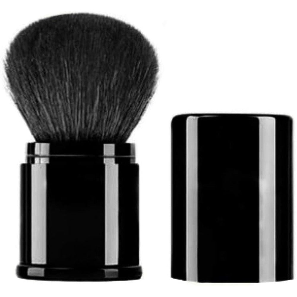 Textention retractable kabuki makeup brush front view in sleek black color with cap removed.