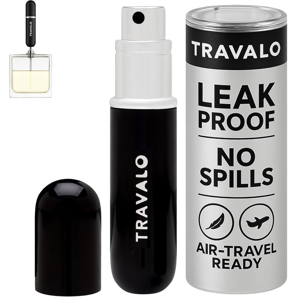 Travalo Classic HD perfume atomizer in sleek black with clear volume viewing window