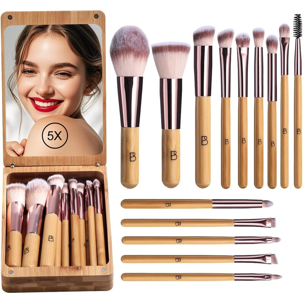 BS-MALL travel makeup brush set front view showing fourteen bamboo brushes neatly organized inside an open wooden case with an LED mirror