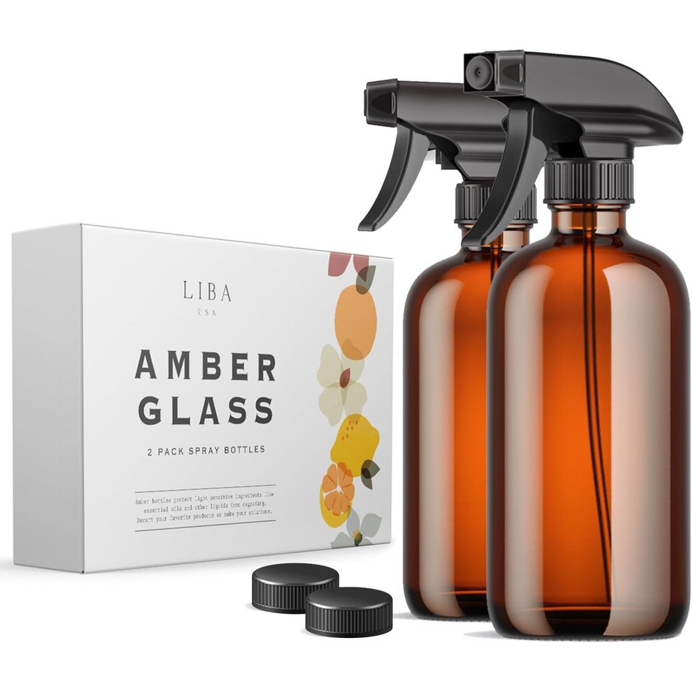 LiBa amber glass spray bottles in a set of two with black adjustable trigger sprayers & spray bottle for travel