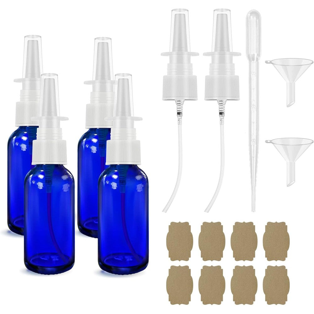 GIVAMEIHF 30ml blue nasal spray glass bottles 4 pack with fine mist press heads & empty bottles for hair oil