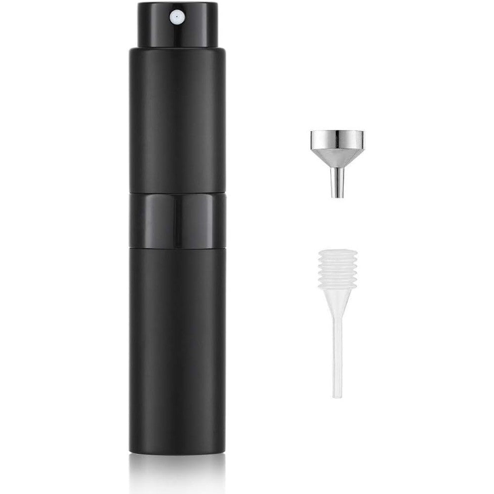Lisapack 8ml Travel Perfume Atomizer front view in matte black showing sleek lipstick style twist exterior design.