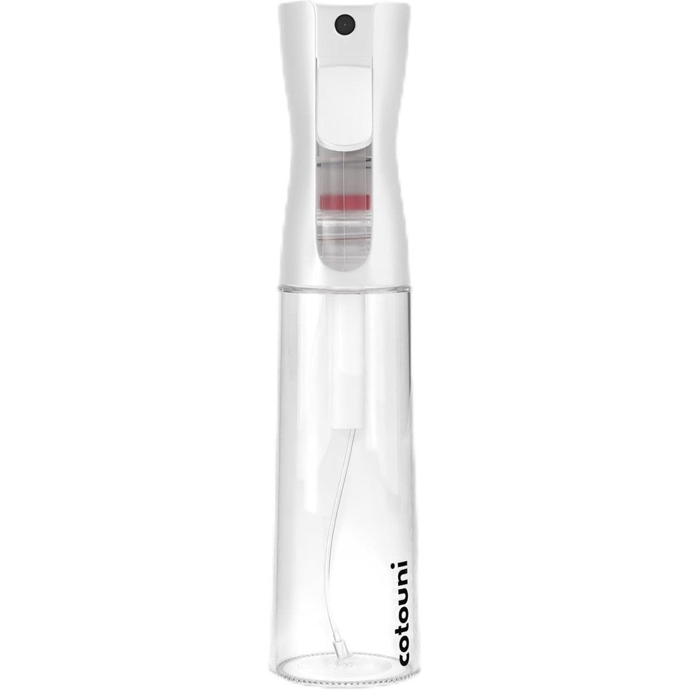 Cotouni continuous spray bottle front view showing clear glass body and sleek white trigger nozzle