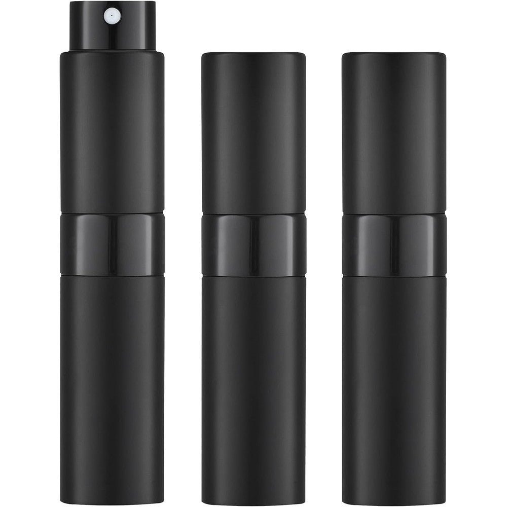 LISAPACK 8ml refillable perfume atomizer in matte black showing twist up spray mechanism