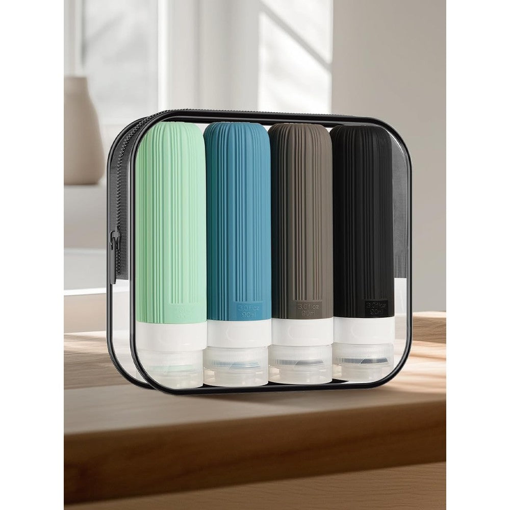 Mrsdry leak proof silicone travel bottles four pack front view showing green blue grey and black containers