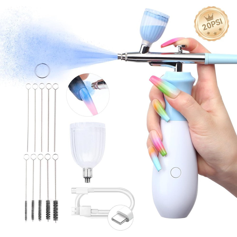 Saviland 25 PSI Rechargeable Nail Airbrush Machine front view featuring the cordless compressor and fluid cup.