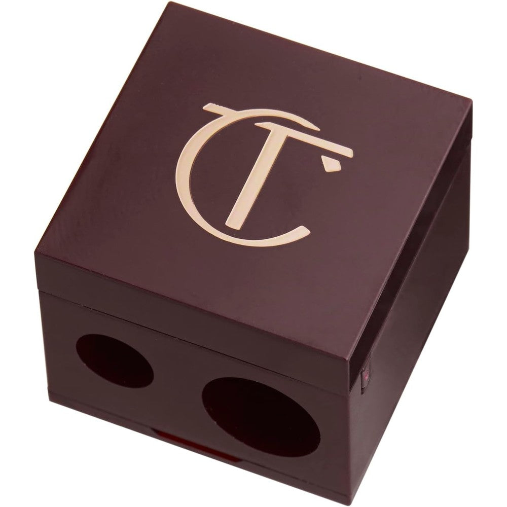 Charlotte Tilbury dual-size cosmetic pencil sharpener front view showing logo