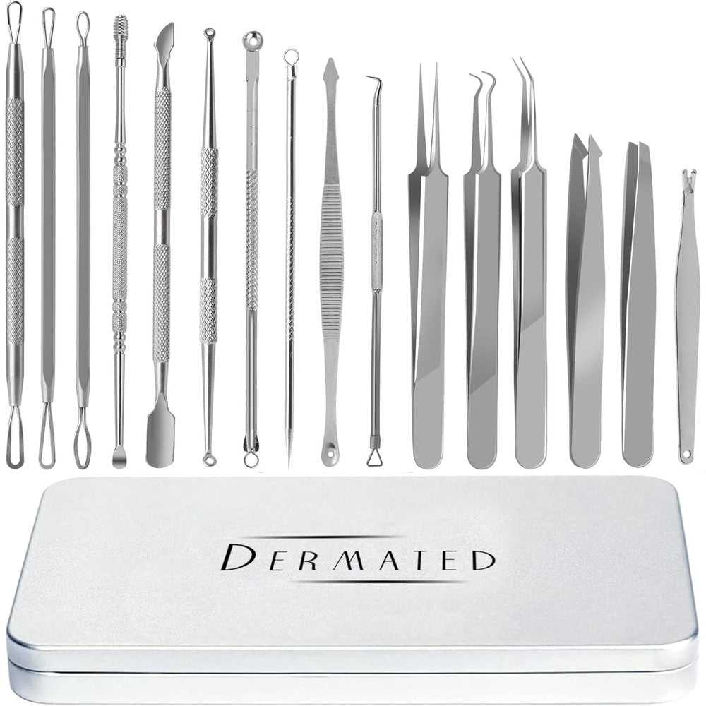 Dermated 16 Piece Blackhead Remover Tool Kit front view in metal case