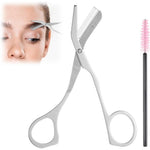 Josojoou eyebrow trimming scissors with comb front view showing stainless steel blade.
