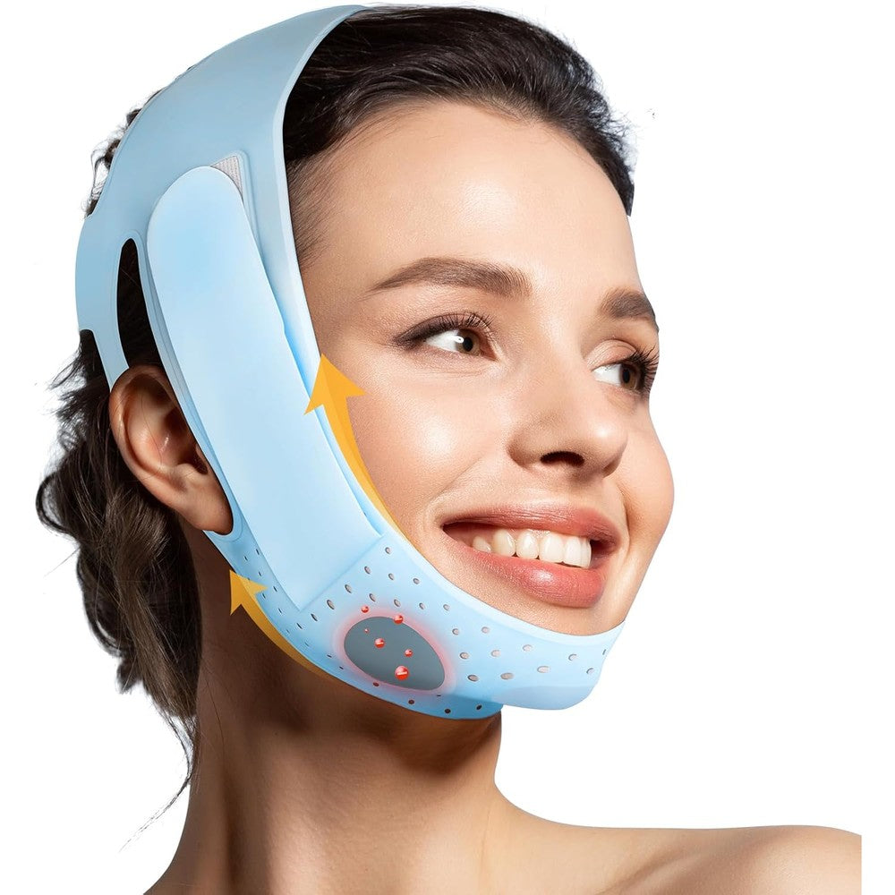 Jusron V-Line Mask Chin Up Strap light blue front view for jawline sculpting