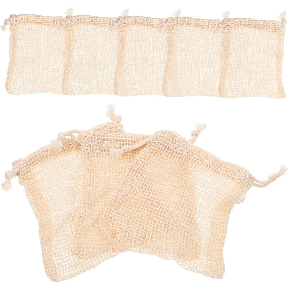 PLAFOPE cotton soap storage bags front view showing natural beige mesh weave