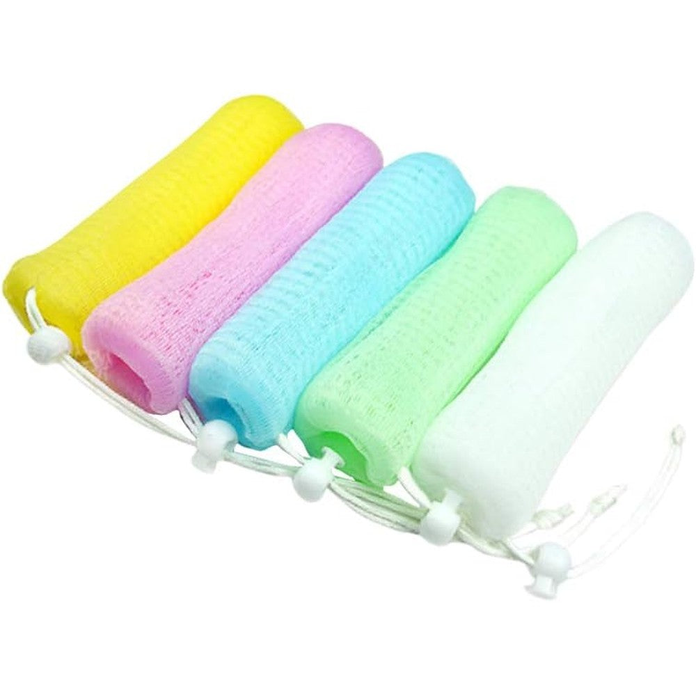 Balacoo exfoliating soap pouch front view showing colorful mesh texture and drawstring closure