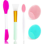 Namgznso five piece silicone face scrubber set front view showing complete collection of pink and green cleaning tools