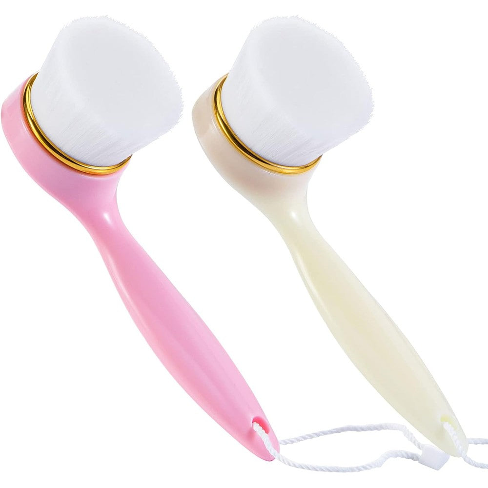Beomeen soft bristle facial cleansing brush front view showing pink and white handles with hanging strings.