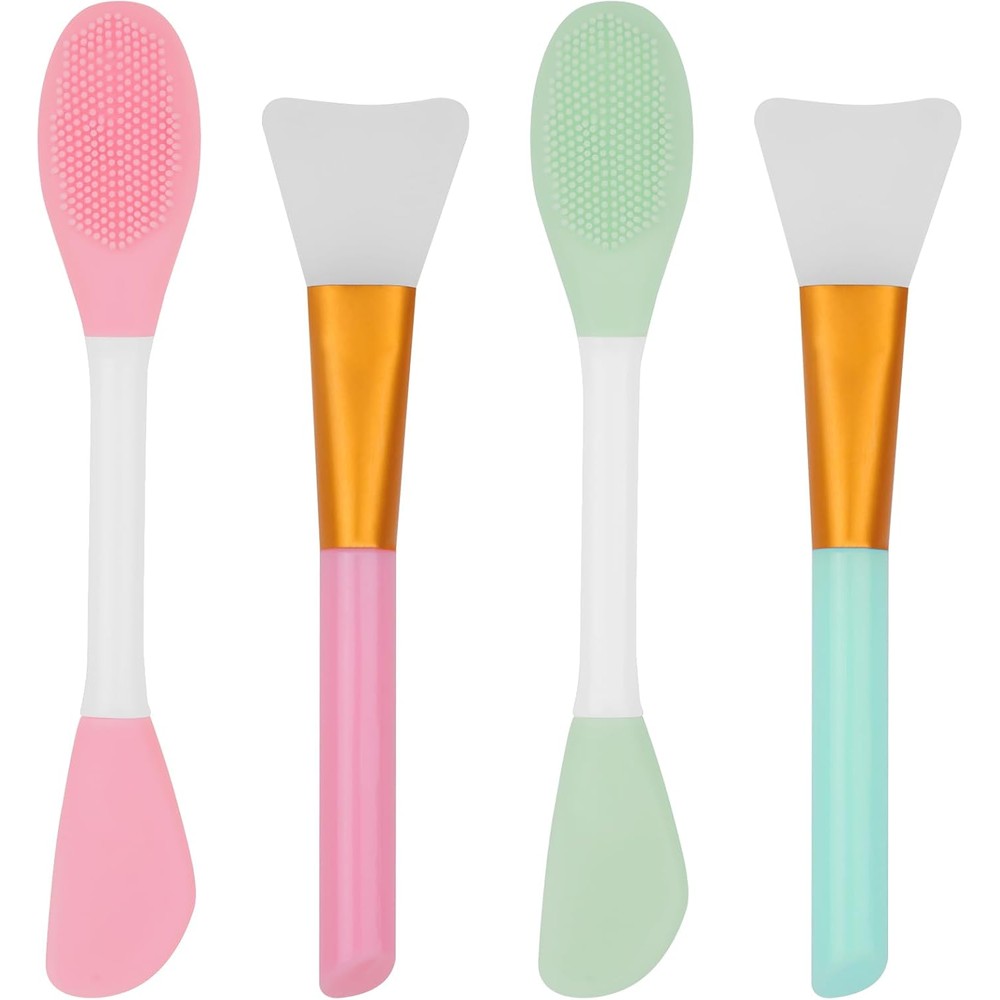 RamPula silicone face mask applicator front view showing four multi color dual ended skincare brushes.
