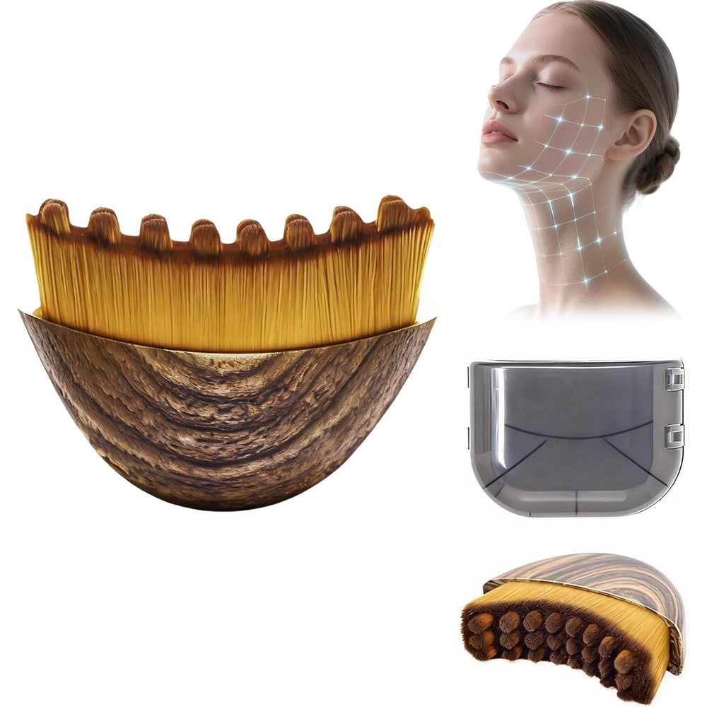 Sanfylikus Lymphatic Contour Face Brush front view showing ergonomic wood handle and curved soft bristles.