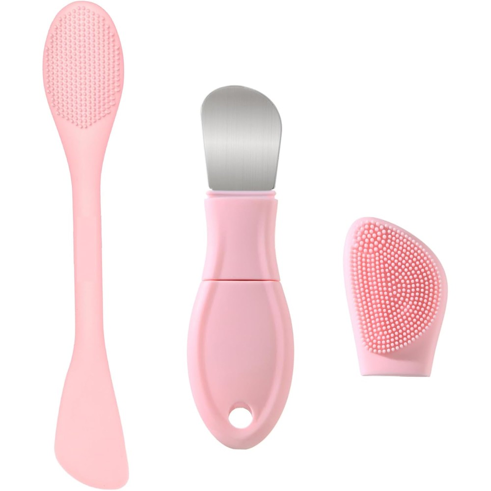 HIEERBUS silicone face scrubber pink front view showing dual-ended cleansing brush and mask applicator spatula