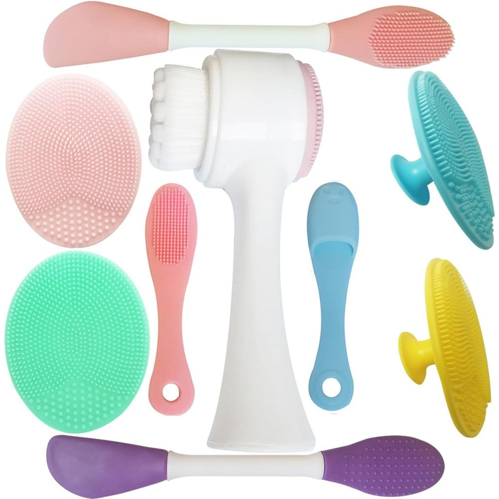 AECW 9-in-1 face scrubber set front view displaying multiple soft silicone facial cleansing brushes
