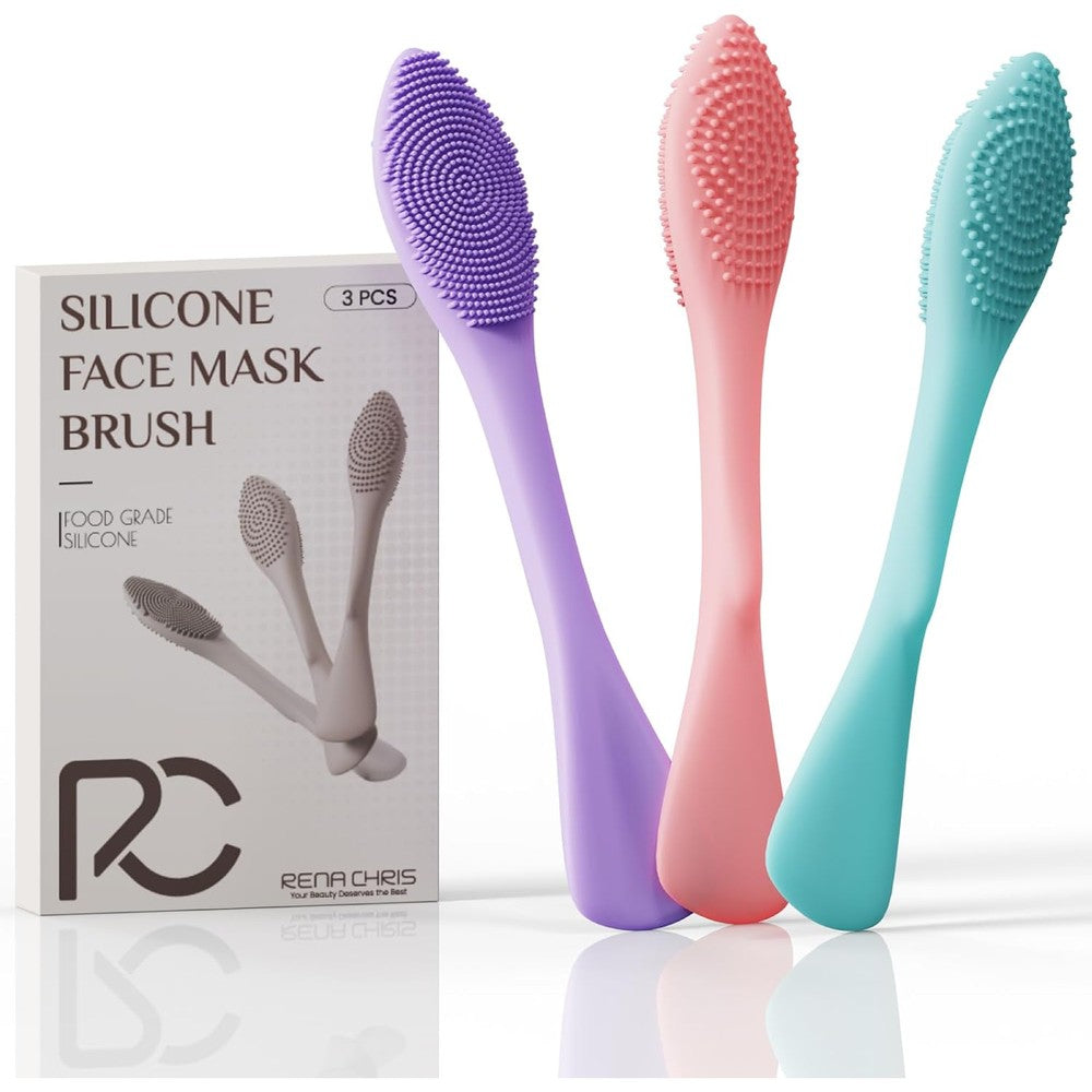 Rena Chris 3 Pieces Silicone Face Scrubber set front view showing pink blue and purple colors for facial skincare routines
