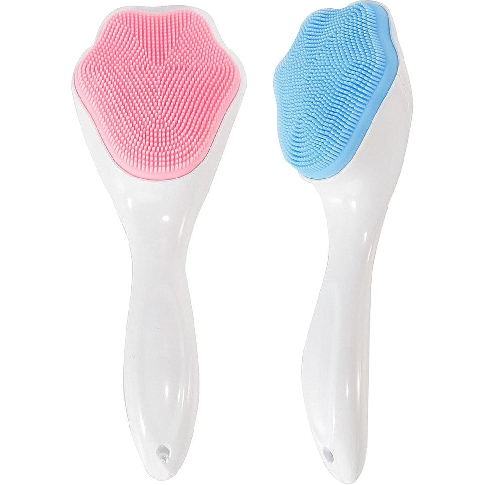 Beomeen silicone face scrubber 2 pack front view showing blue and pink manual facial cleansing brushes.