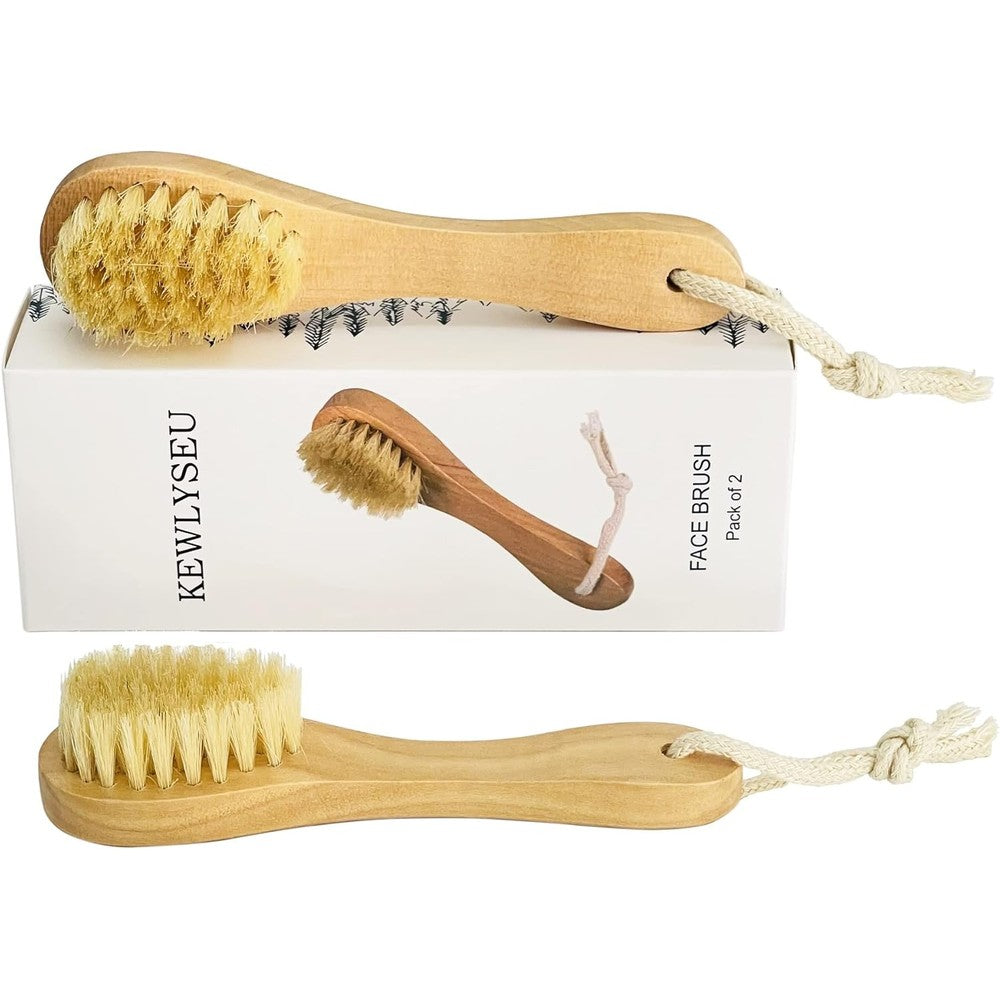 Kewlyseu natural bristles wooden face cleaning brush pack of two front view