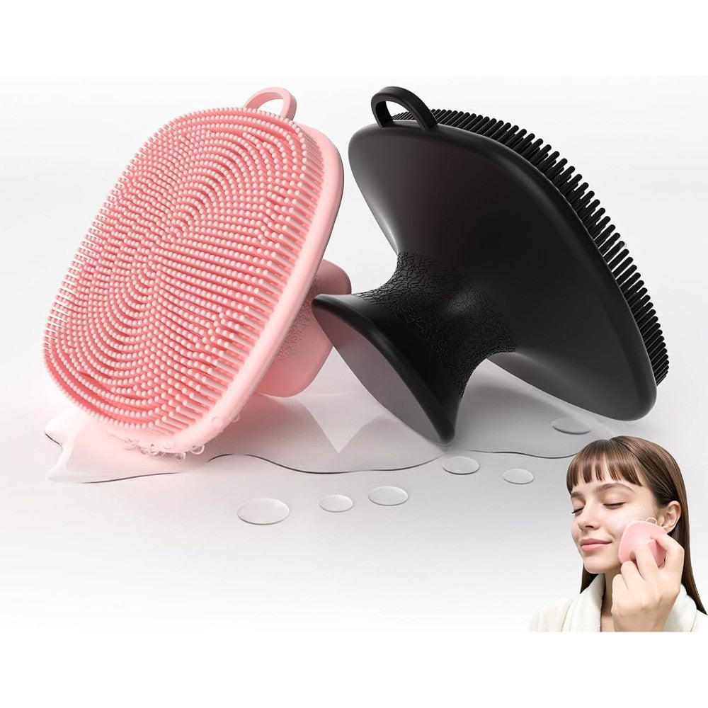 QiaKeoo 2 pack silicone face scrubber front view showing black and pink manual facial cleansing brushes.