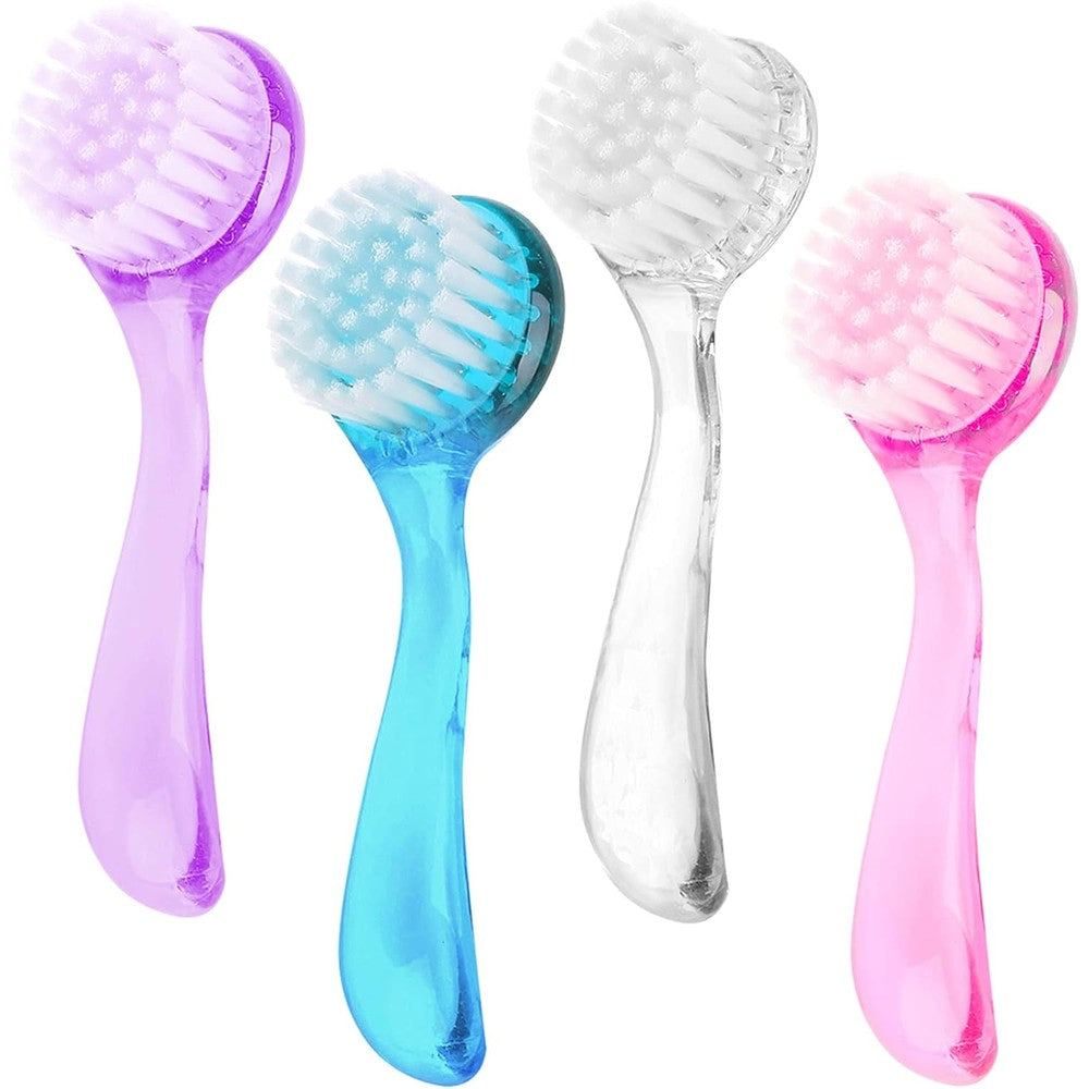 Beomeen facial cleansing brush 4 pack front view displaying vibrant blue pink purple and clear acrylic handles