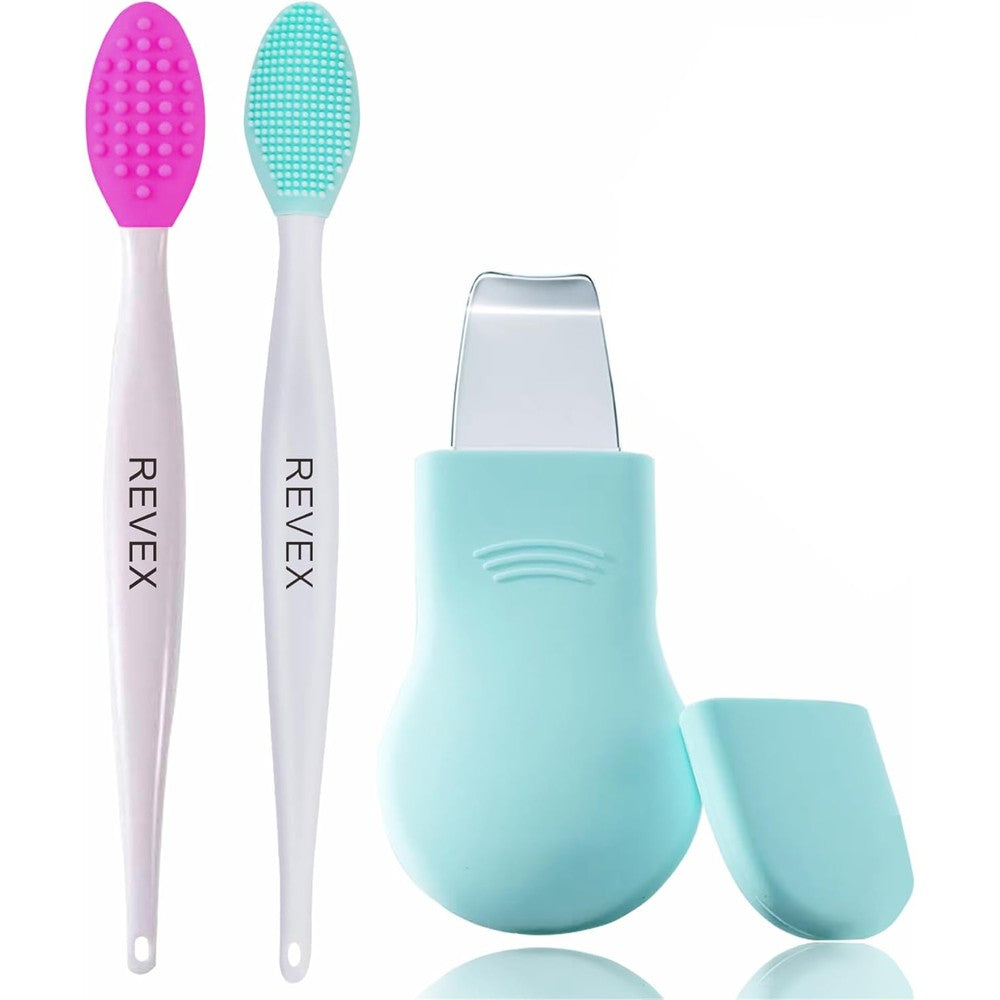 REVEX silicone nose blackhead remover tool set front view showing pink facial scrubber and scraper.