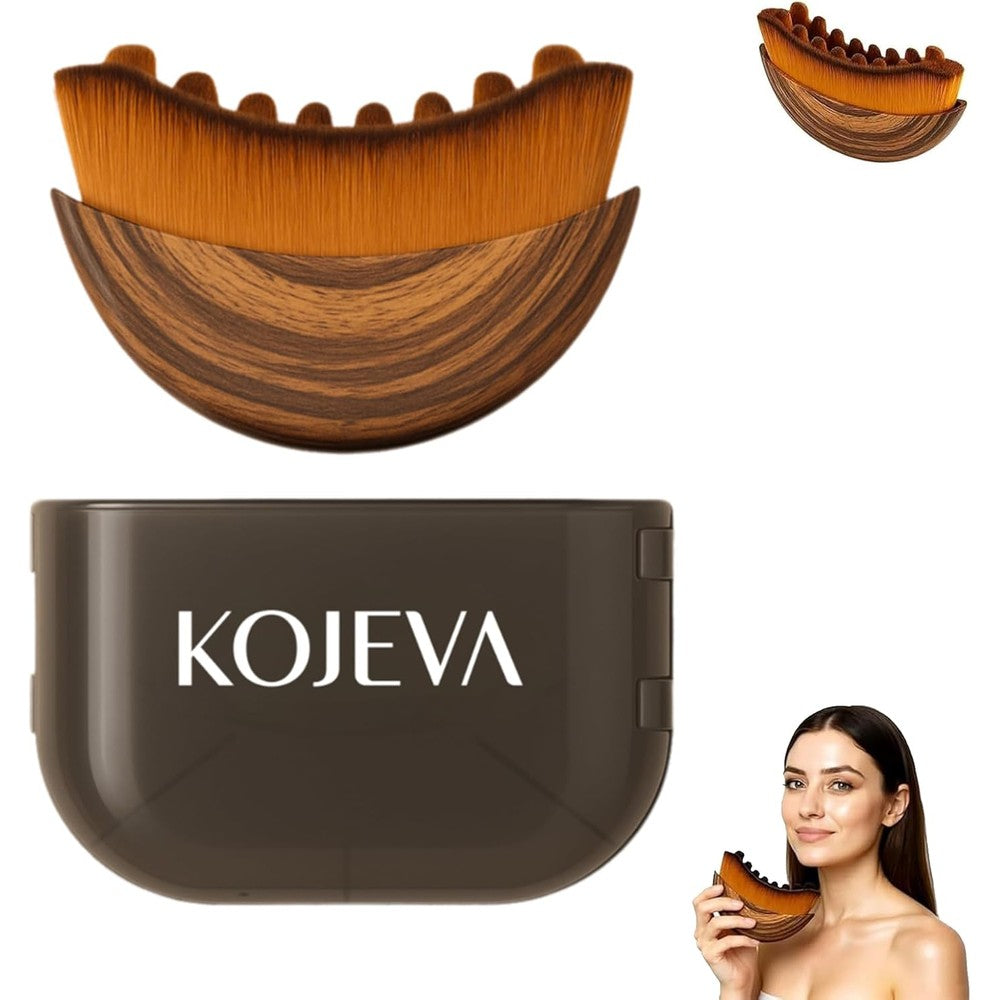 Kojeva Lymphatic Contour Face Brush front view showing the densely packed organic soft bristles and curved wooden handle.