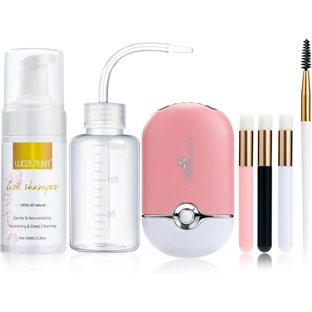 WOZUTUNT Eyelash Extension Cleanser kit front view showing foam pump bottle and pink fan
