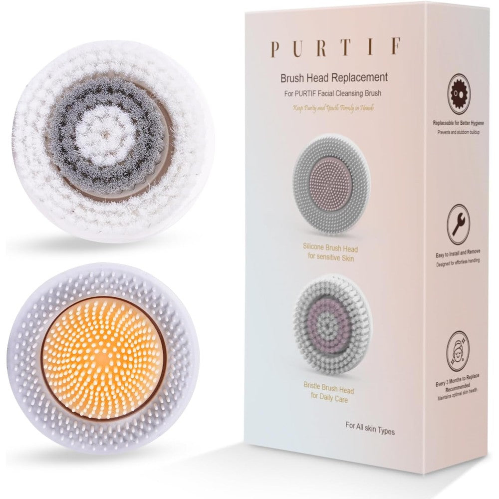 PURTIF face scrubber replacement heads front view showing white silicone and bristle attachments