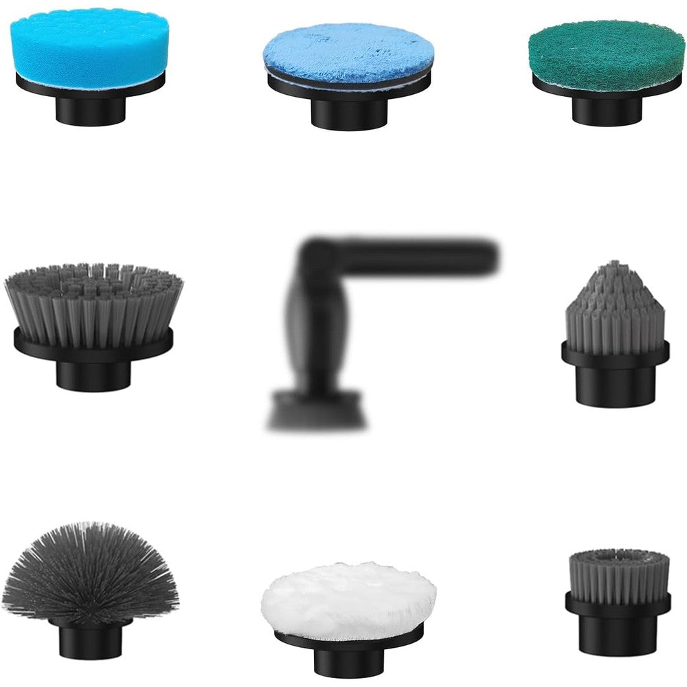 Leebein electric spin scrubber replacement brush heads eight piece kit front view layout showing all attachments