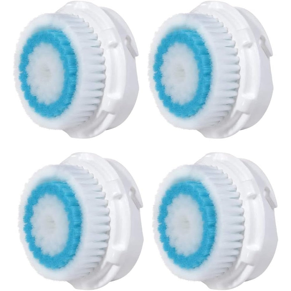 Beauty Care Compatible Replacement Facial Cleansing Brush Heads 4 Pack front view showcasing deep pore blue and white bristles.