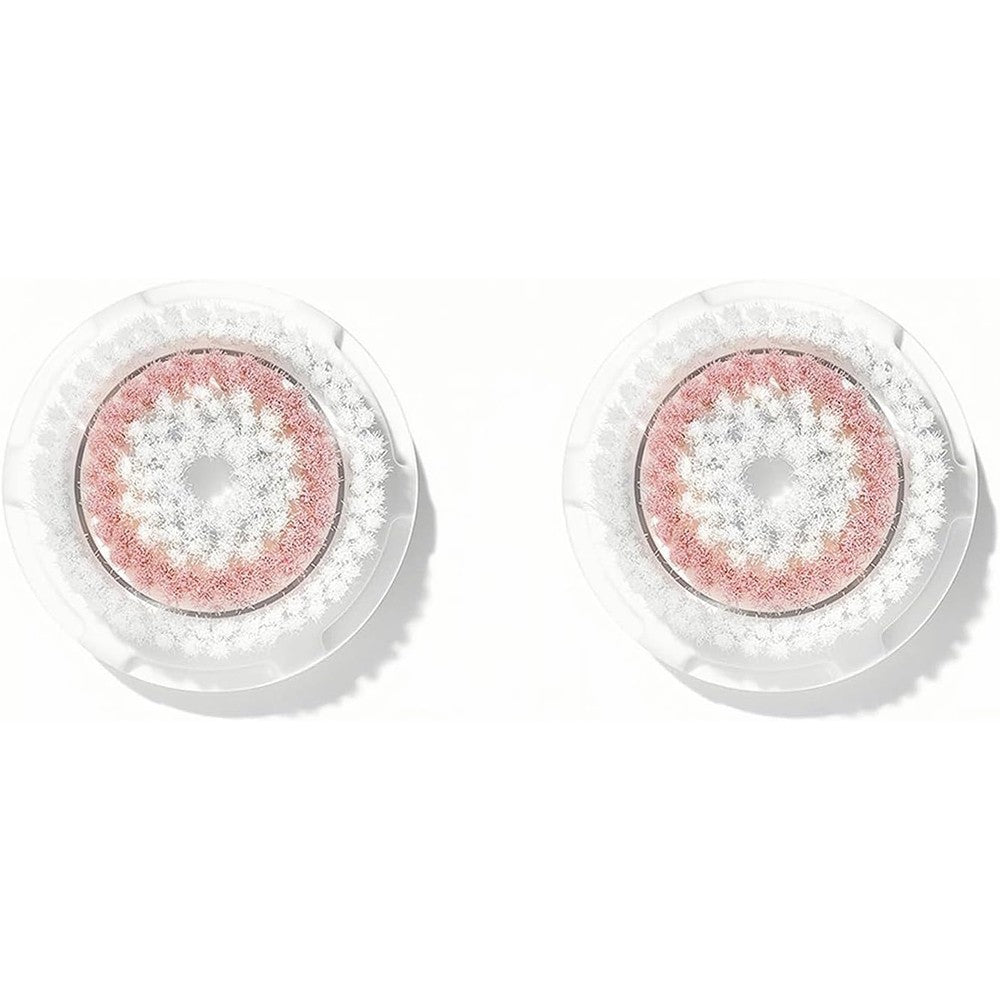 Microtree brush head replacement compatible with Clarisonic Mia showing the front view of the two pack radiance facial cleansing brush heads.