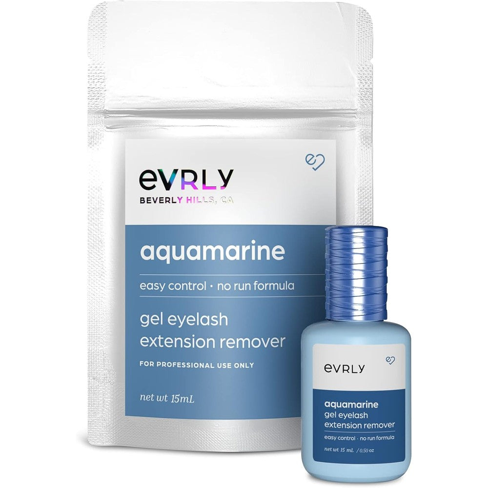 EVRLY Beverly Hills Aquamarine Eyelash Extensions Adhesive Glue Remover front view showing fifteen milliliter bottle packaging