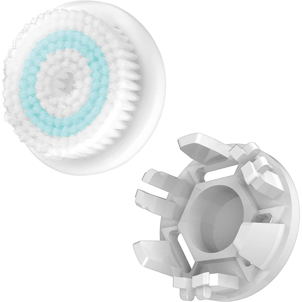 Conair True Glow Sonic Facial Cleansing Brush Replacement Head front view showcasing soft blue and white bristles.