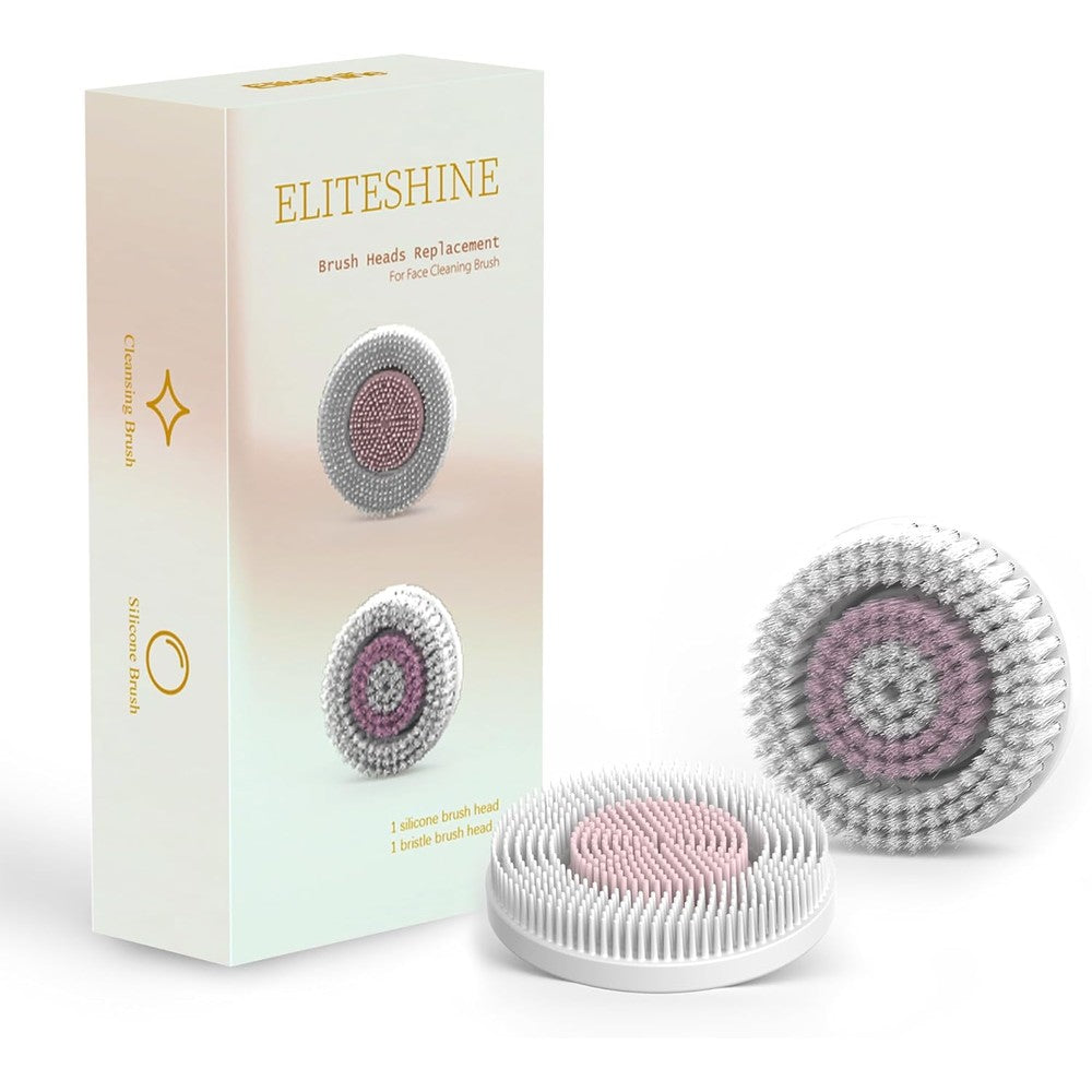 Eliteshine facial cleansing brush replacement heads front view showing silicone and bristle attachments
