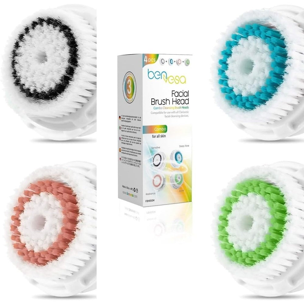Benvesa combo pack replacement brush heads front view showing four different facial cleansing attachments.