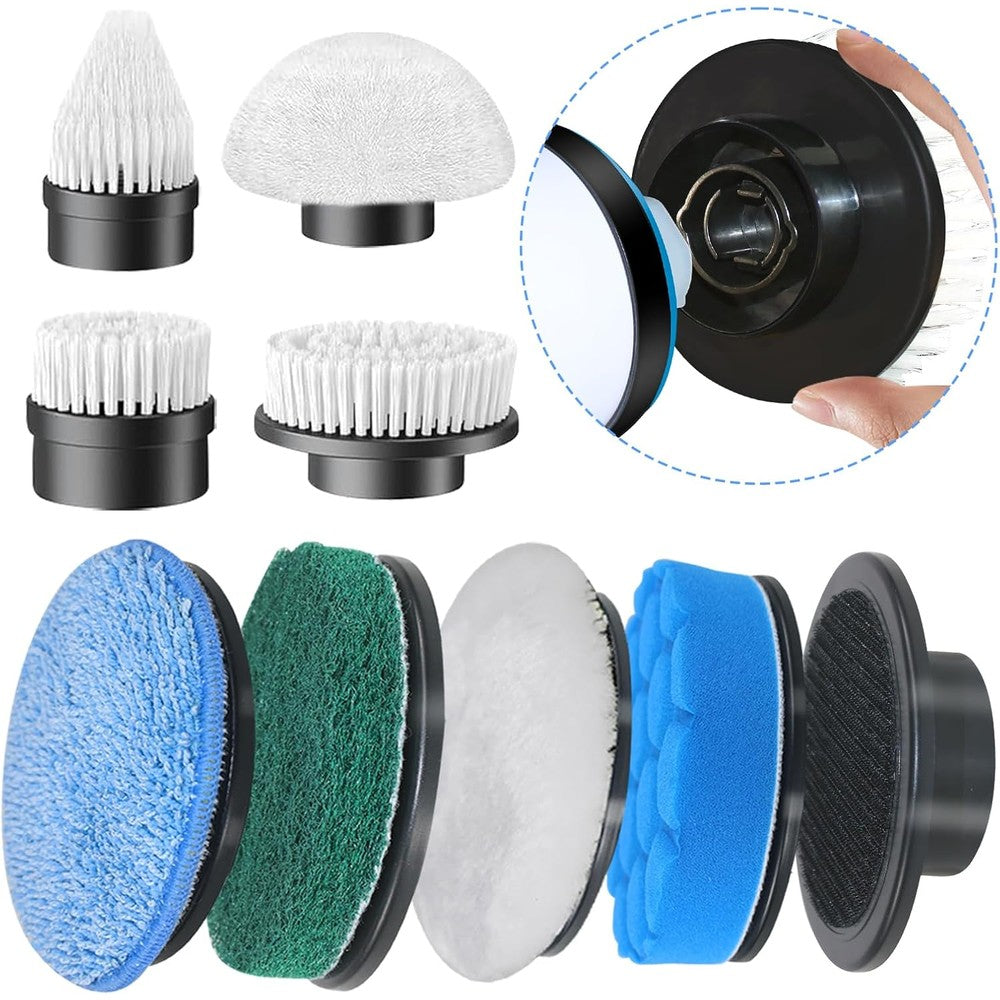 GOSLMYY replaceable brush heads set front view showing nine unique cleaning attachments.