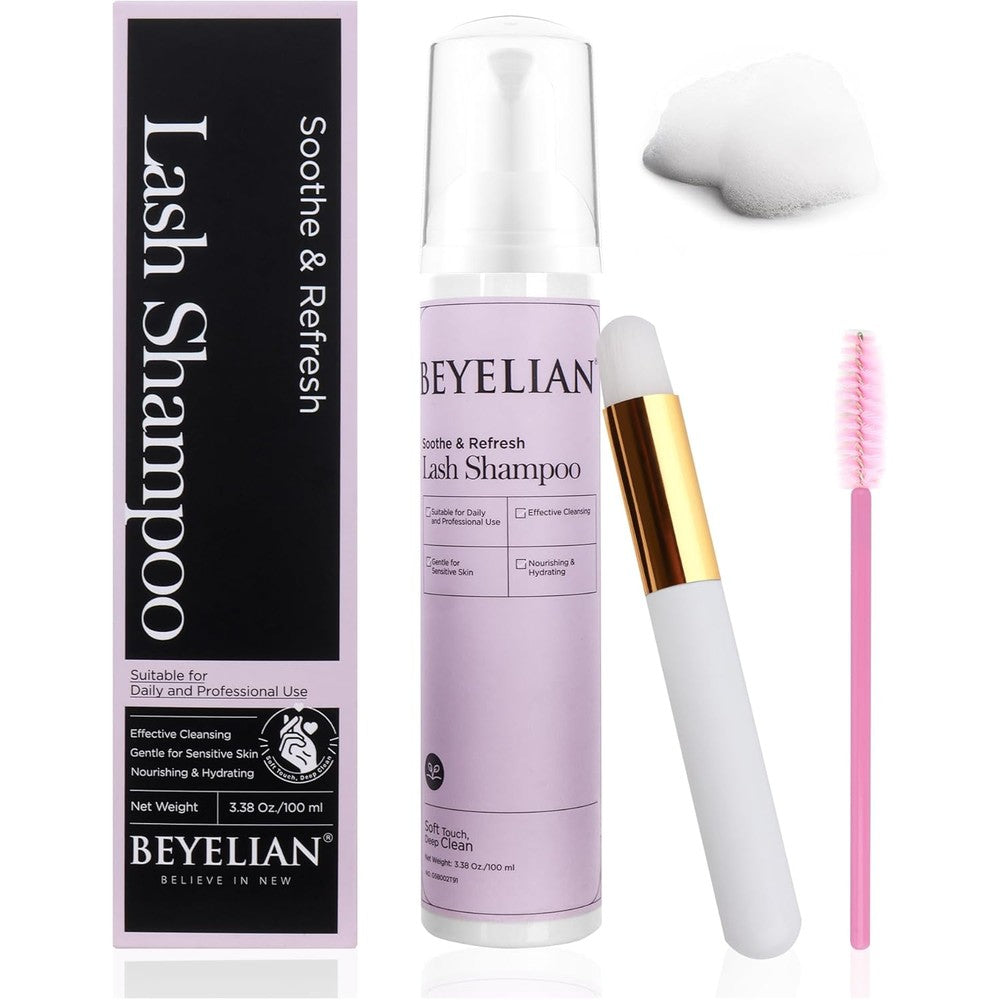 BEYELIAN cluster lash glue remover shampoo kit front view featuring foaming cleanser bottle