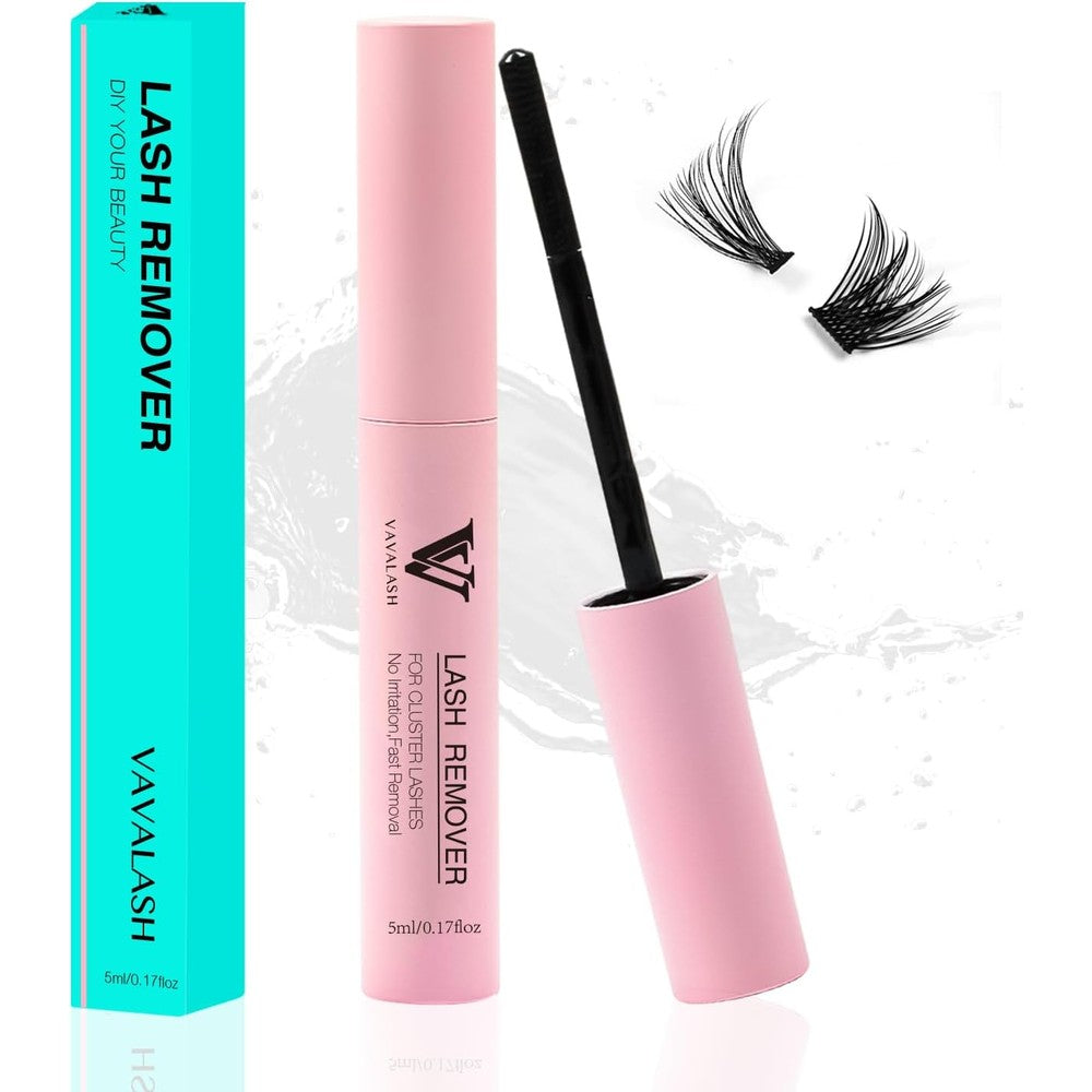 VAVALASH Lash Remover front view of pink bottle and cyan packaging box.