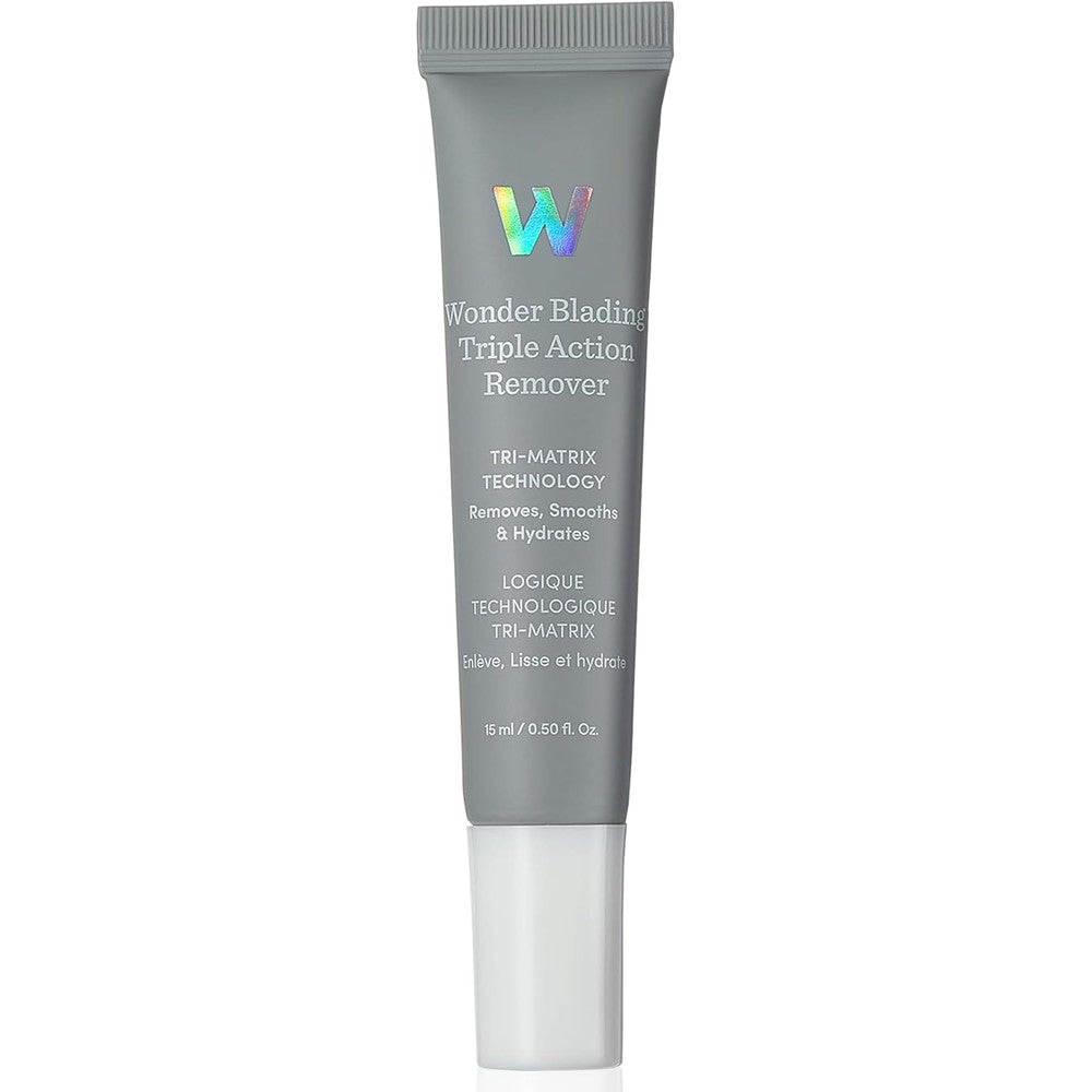 Wonderskin Wonder Blading Triple Action Makeup Remover 15ml tube front view showing grey packaging and holographic logo