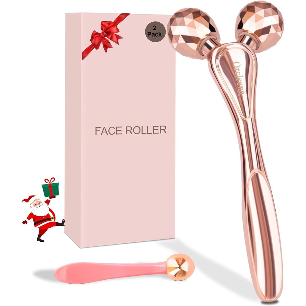 Orcleena 3D Face Roller Metal Facial Massager in rose gold finish front view for facial sculpting