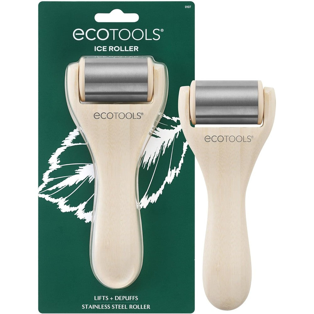 EcoTools Ice Roller front view showing the stainless steel cooling head and bamboo handle for facial massage.