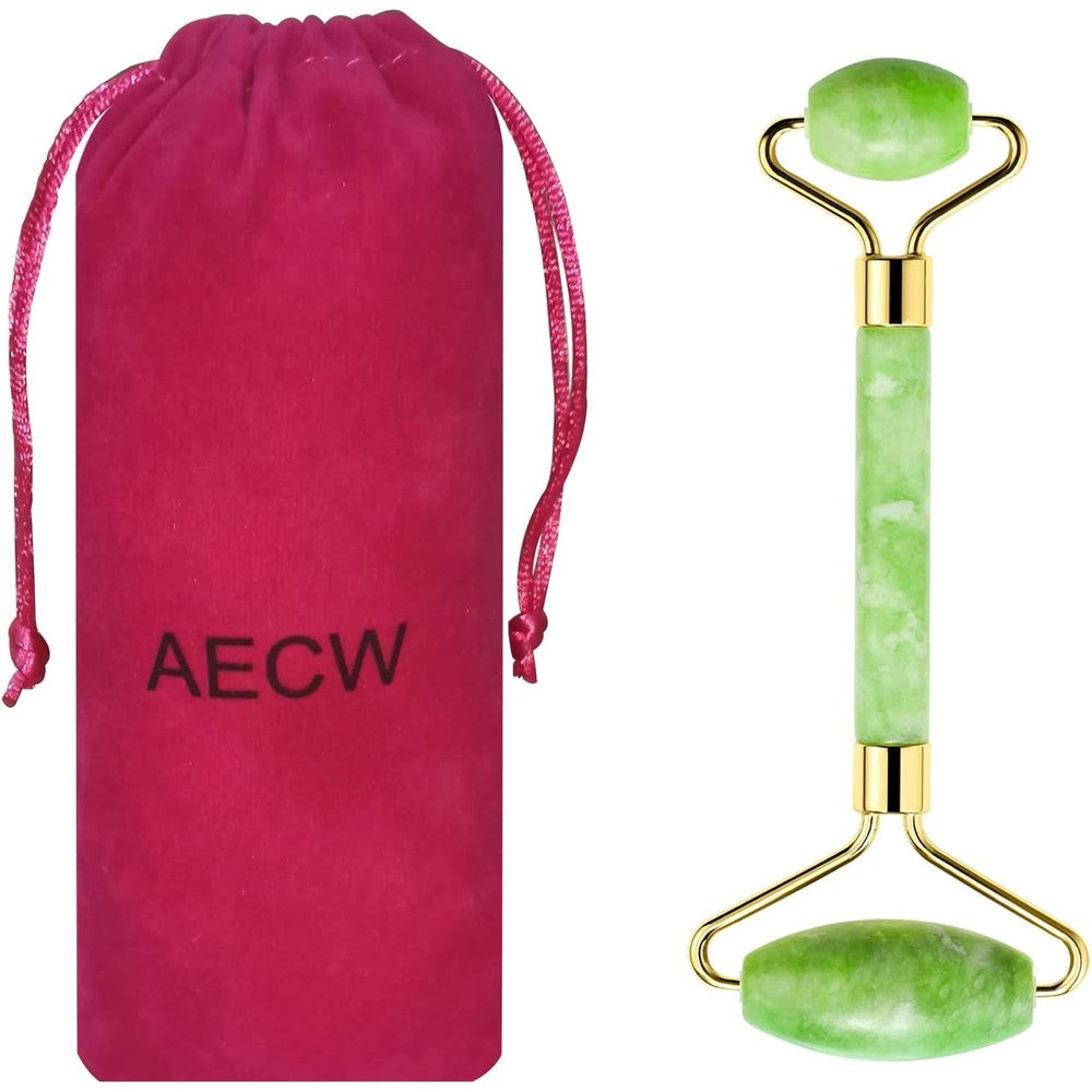 AECW authentic natural jade roller front view featuring green dual ended stone massager and magenta velvet pouch
